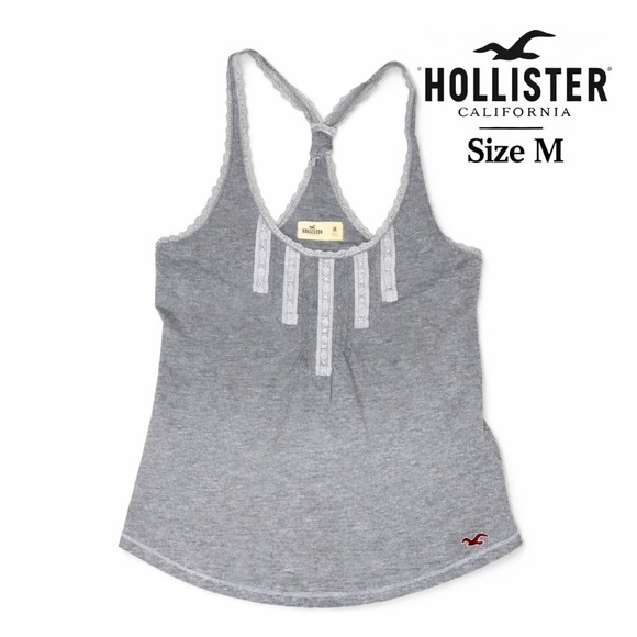 Hollister Tops - Hollister Womens Y2K Grey Lace Trim Racerback Tank Size M Heathered Cotton
